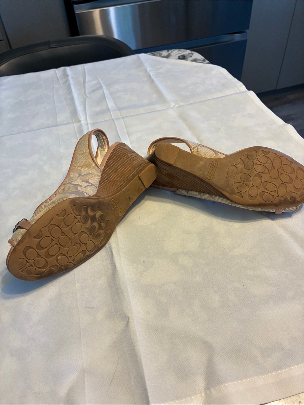 Coach Beige Canvas Signature Slingback Peep-Toe Heels with Gold-Tone Accent - Picture 2 of 3